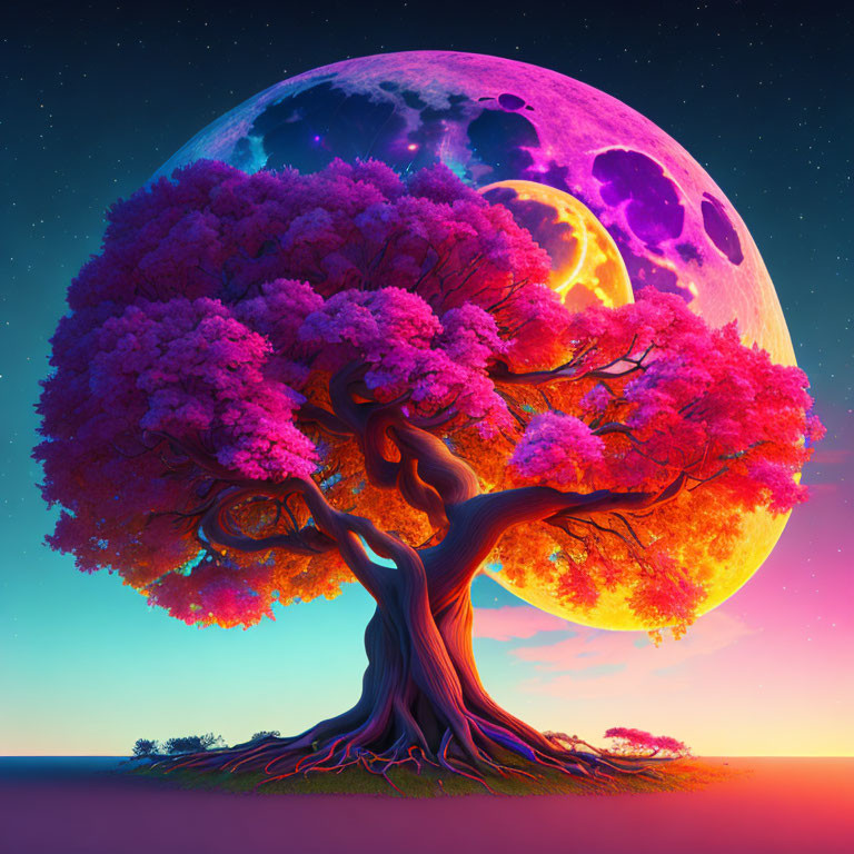 Colorful surreal image: Pink-orange tree leaves under purple moon