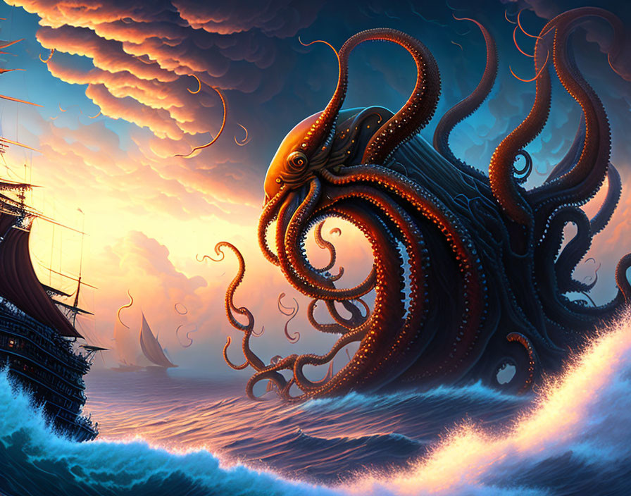 Gigantic octopus near sailing ships in stormy sea under orange sky