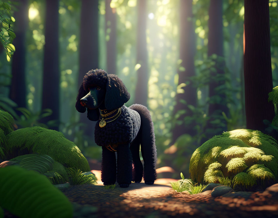 Black Poodle in Sunlit Forest Surrounded by Green Ferns and Moss