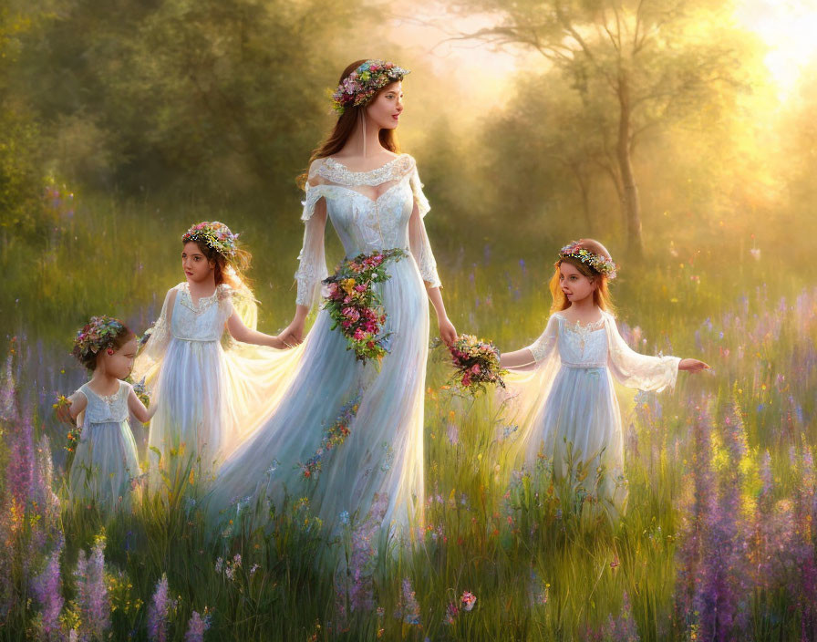 Four females in white dresses stroll in a sunny meadow with purple wildflowers