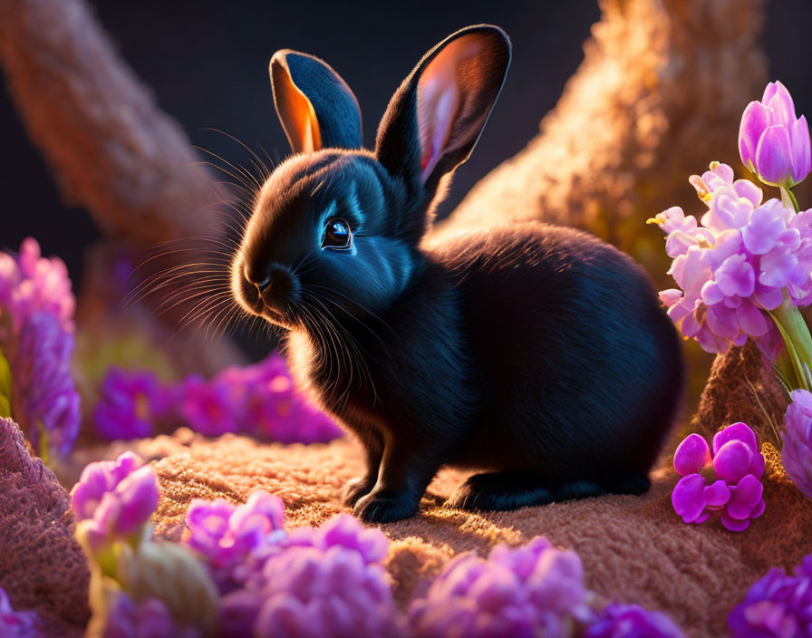 Black Rabbit Among Purple Flowers and Brown Branches in Soft Lighting