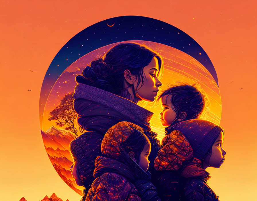 Mother and Child Sunset Illustration with Nature and Cosmic Elements