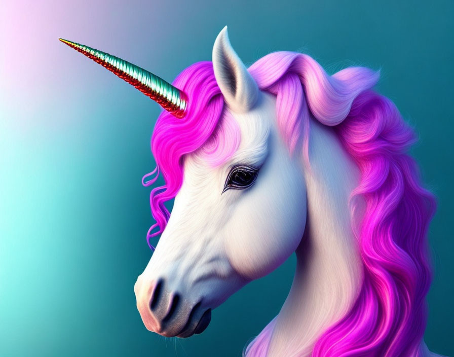 Digital illustration of white unicorn with spiraled horn and pink mane