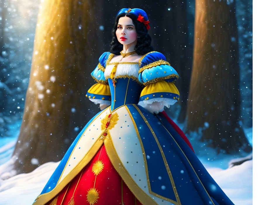 Woman in Snow White costume with vibrant colors in snowy forest.