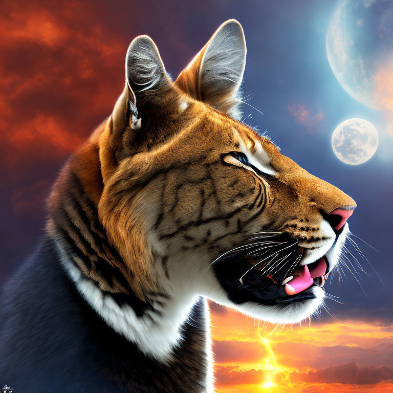 Digital artwork featuring tiger head against vibrant sunset and dual-mooned sky