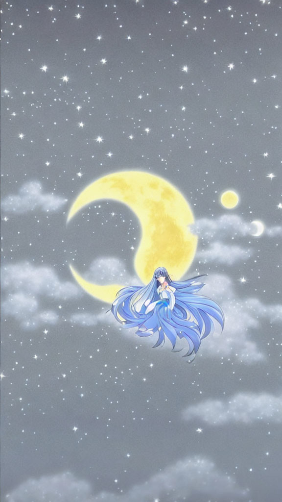 Blue-haired girl on crescent moon in starry sky