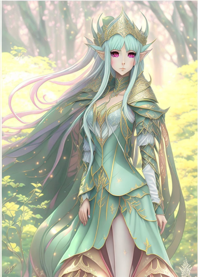 Turquoise-haired elf queen in ornate armor in misty forest