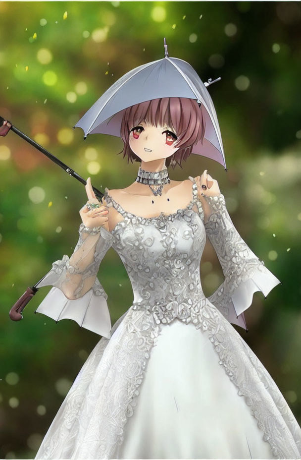 Short Pink-Haired Animated Character in White Lace Gown Holding Grey Umbrella