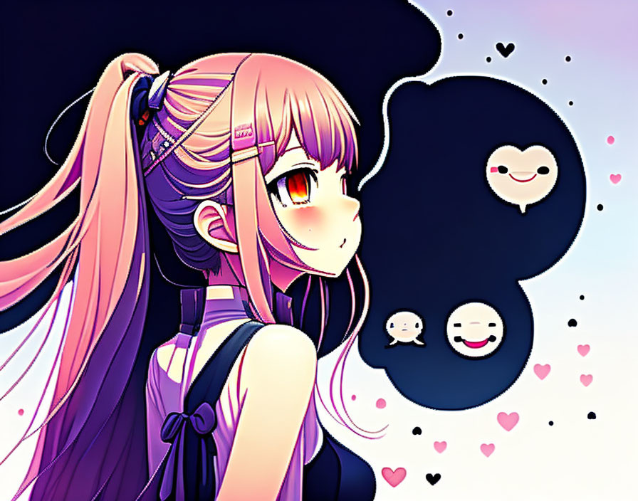 Pink-haired anime girl with yellow eyes surrounded by hearts and cute emoticons in thought bubbles on purple background