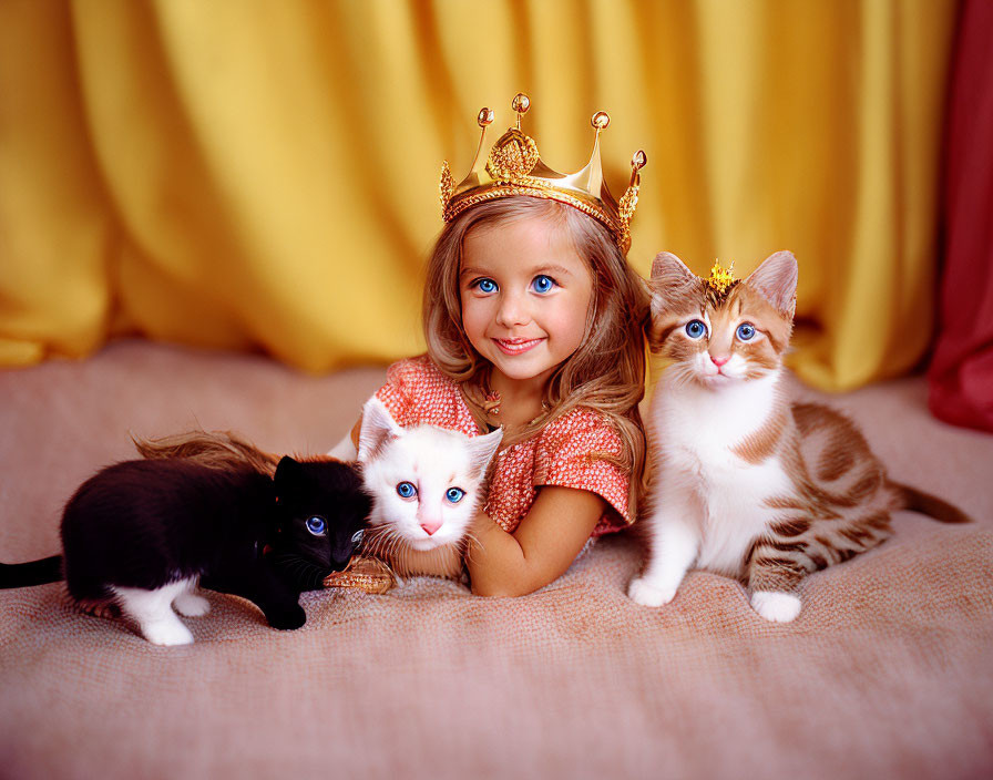 Young girl with crown and kittens on yellow backdrop.