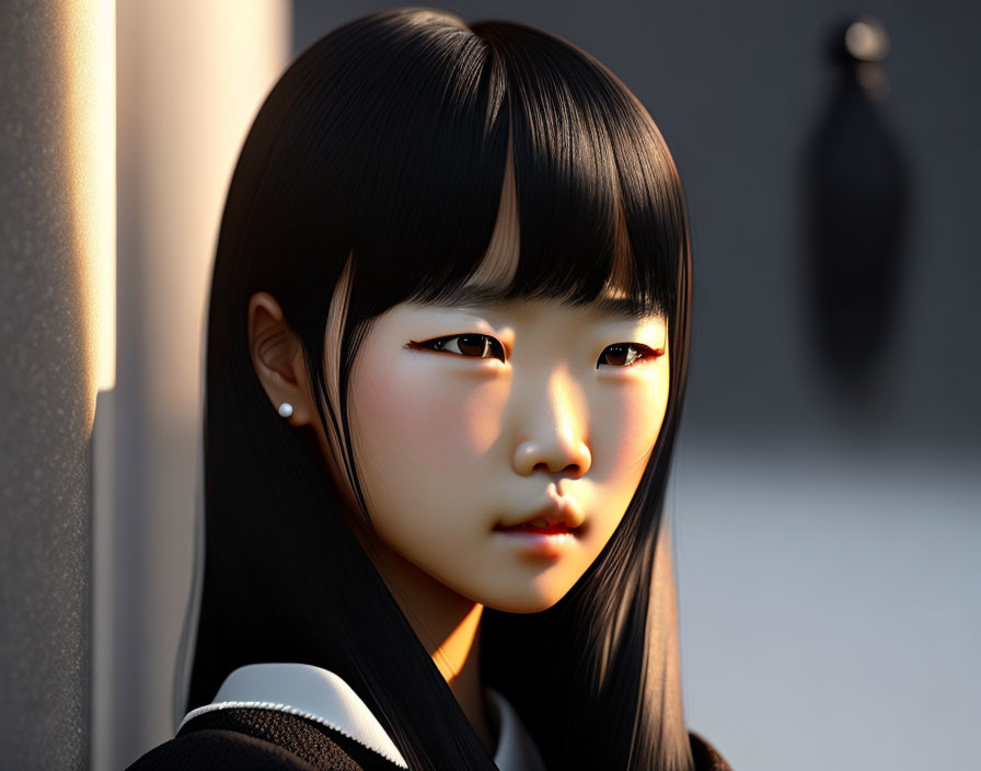 Portrait of Young Girl with Black Hair in Soft Sunlight