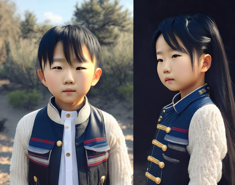 Child in navy blue jacket with red stripes, white shirt, and sweater under natural light.