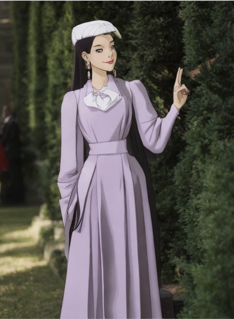 Victorian-era maid character in purple dress and white apron poses elegantly by hedge