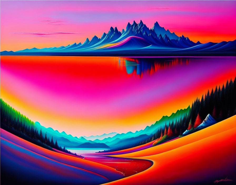 Scenic painting of mountain range, sunset sky, river, and colorful woods