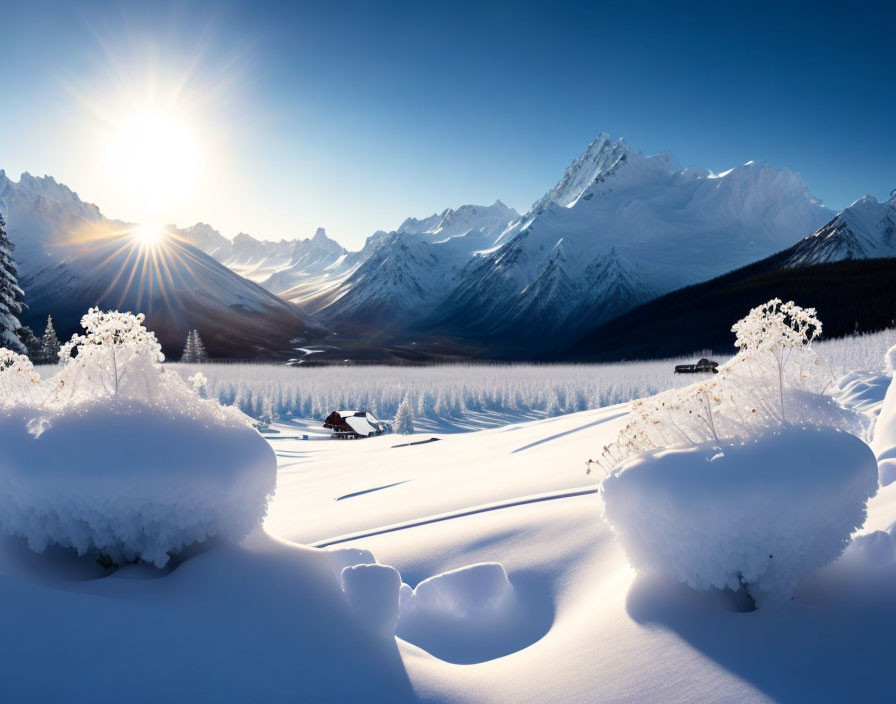 Snowy Mountain Peaks Illuminated by Sunlight Over Valley with Cabin