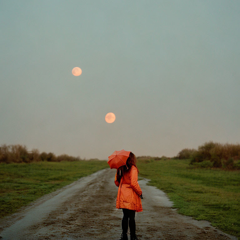 Figure in Orange Raincoat with Umbrella Gazing at Dimly-lit Moon