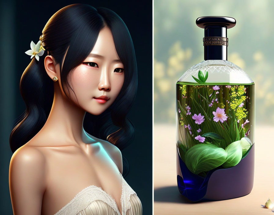 Digital Artwork: Woman with Flower & Stylized Perfume Bottle