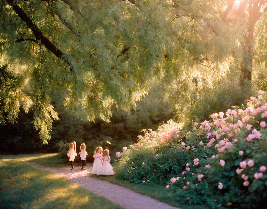 Sunlit Pathway with Children Playing Among Green Trees and Pink Flowers