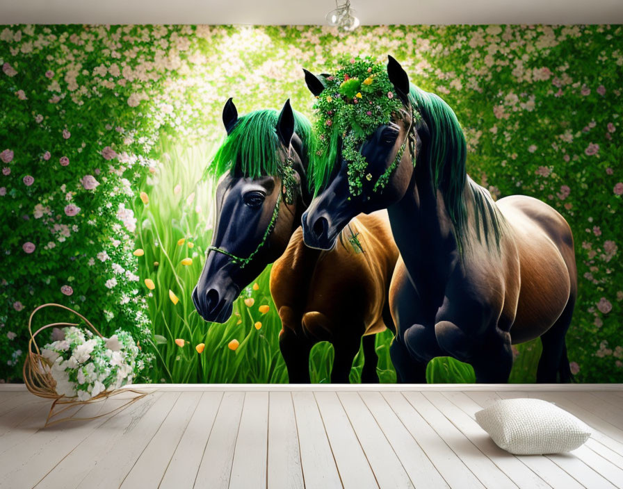 Two horses with floral wreaths in hair against flower wall backdrop