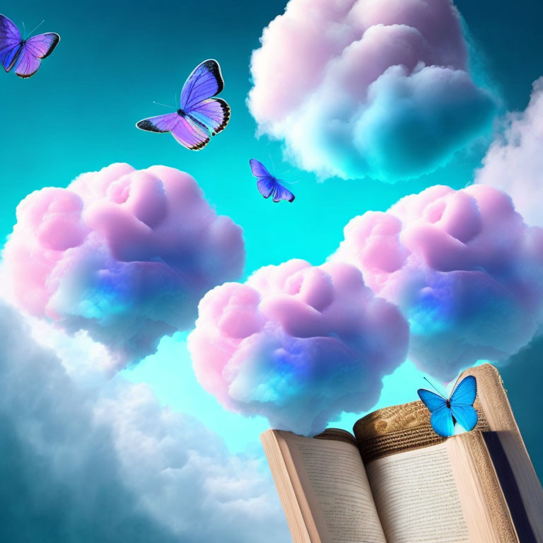 Open book with butterflies and cotton candy clouds on vibrant blue sky