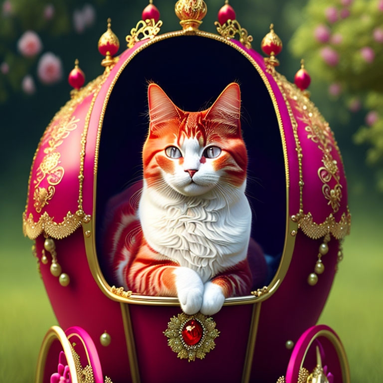 Orange and White Cat in Ornate Miniature Crimson Carriage on Green Background