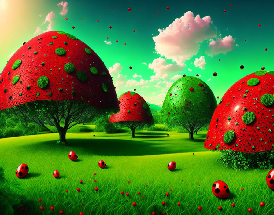 Fantasy landscape with oversized red mushrooms, ladybugs, green grass, trees, and vibrant sky.