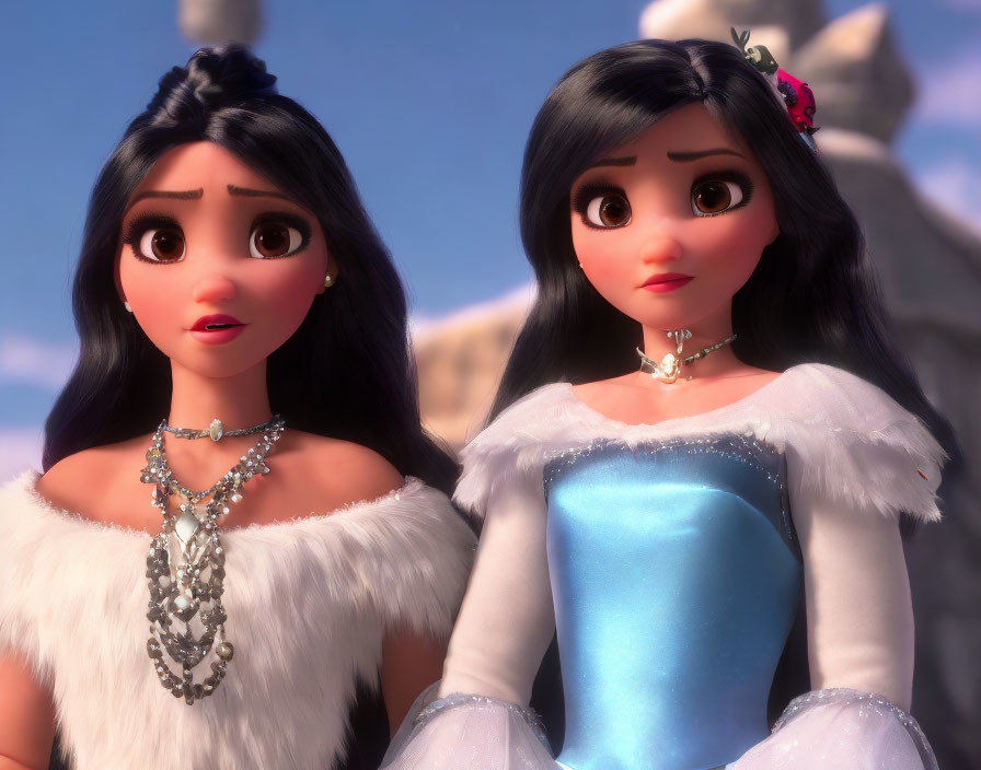 Two animated female characters in elegant dresses with dark hair and large eyes.