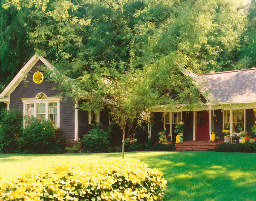 Dark Siding Single-Story House with Red Door and Green Bushes