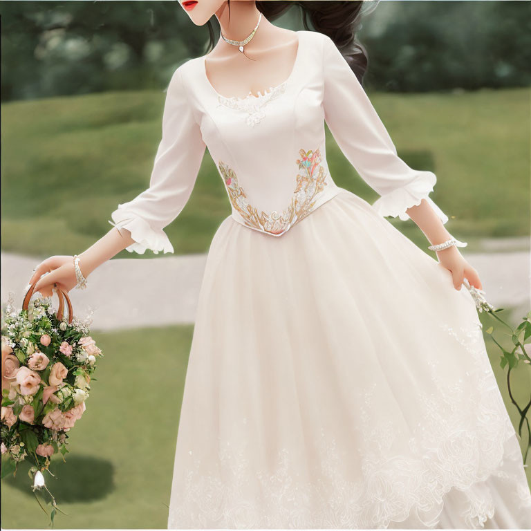 Illustrated woman in elegant white dress with floral embroidery and bouquet.