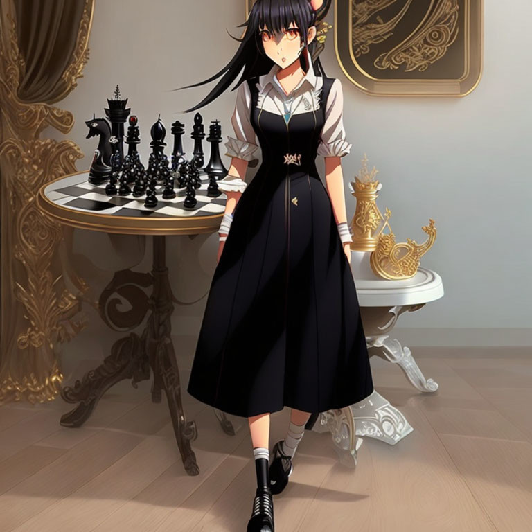 Black-Haired Maid with Headband at Chess Table in Elegant Room