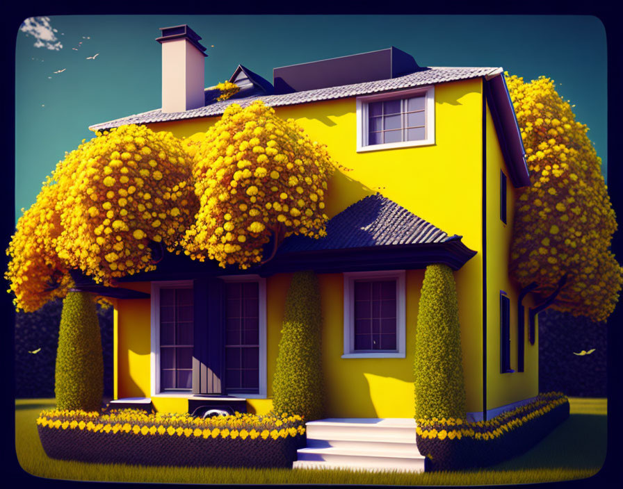 Stylized yellow house with dark roof amid oversized yellow flowering trees