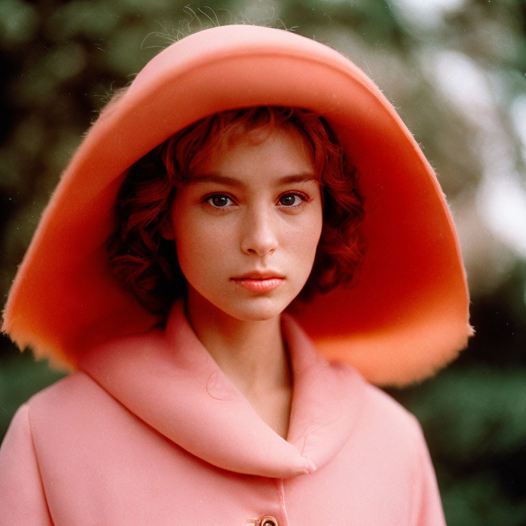 Young woman in peach hat and coat with short curly hair gazes at camera