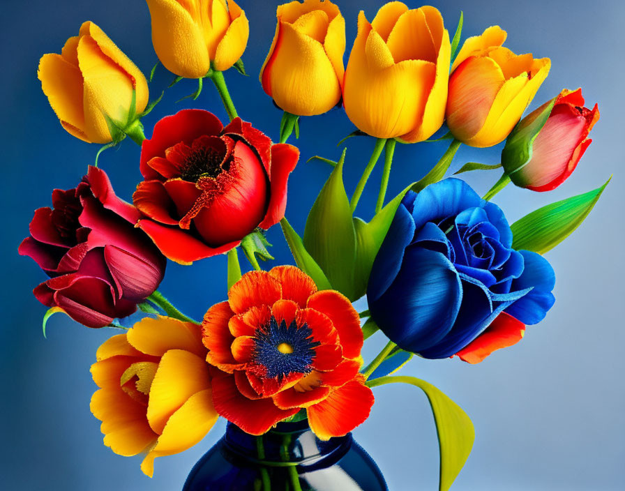 Colorful Tulips and Poppies Bouquet in Dark Vase on Blue Background