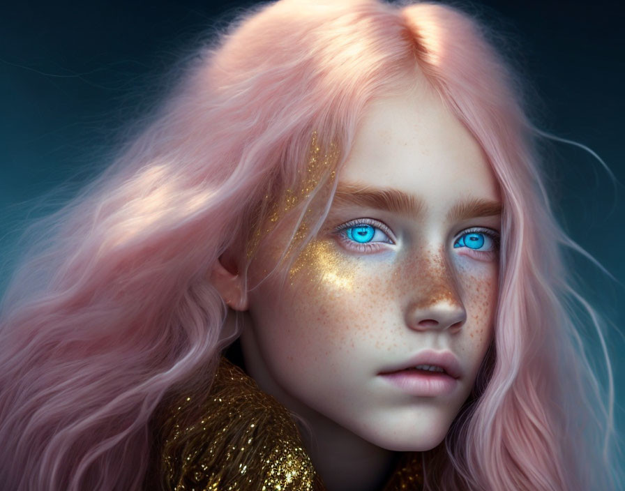 Digital artwork: Girl with blue eyes, pink hair, freckles, and golden glitter.