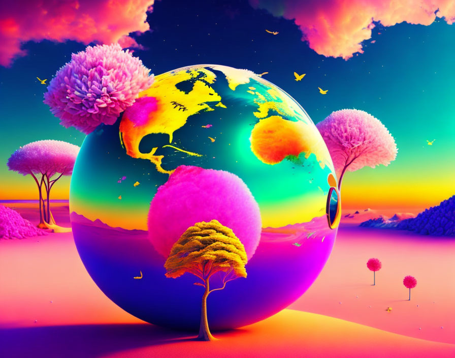 Colorful surreal landscape with globe-like planet, pink canopy trees, and magenta sky.