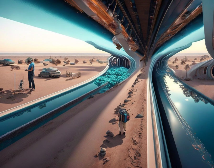 Futuristic desert scene with high-tech train and hovering vehicles