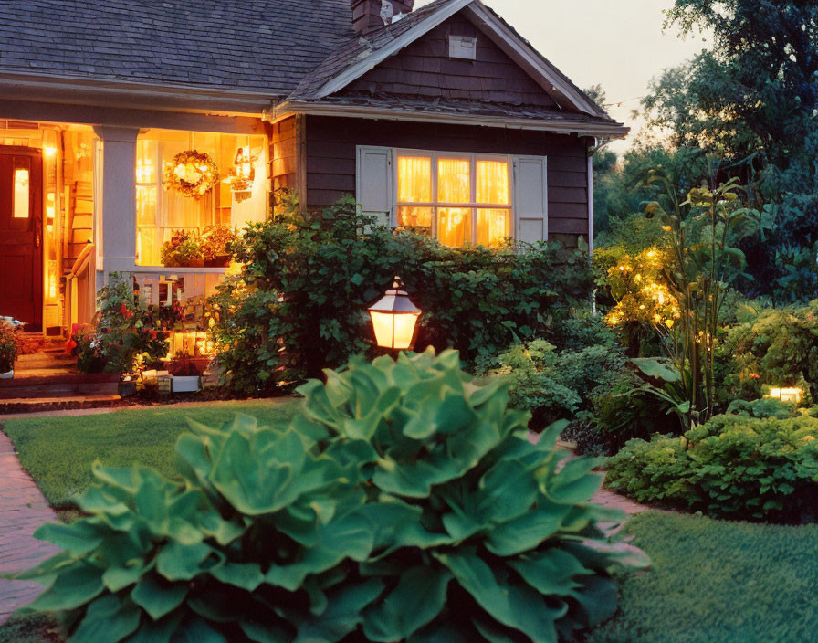 Warmly Lit Dusk House with Lush Greenery