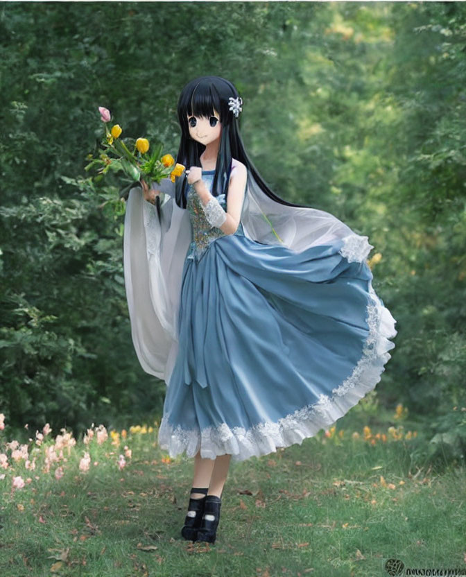 Person in Blue Dress with Flowers in Lush Green Garden