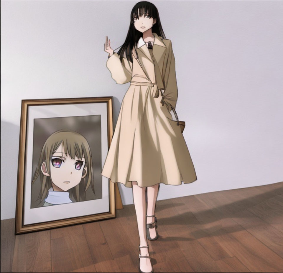 Long Black-Haired Anime Character in Beige Trench Coat and Heels Gesturing Peace Sign