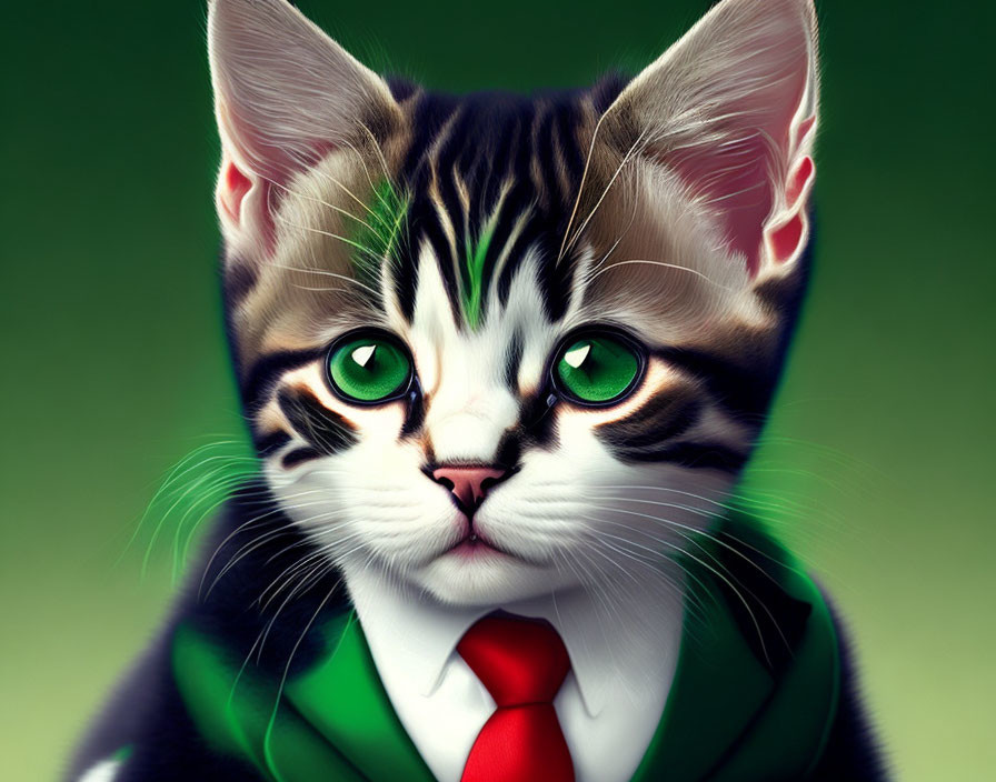 Digital artwork: Cat in smart suit with green eyes on green background