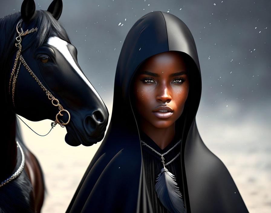 Woman with blue eyes in black hooded garment beside black horse under starry sky