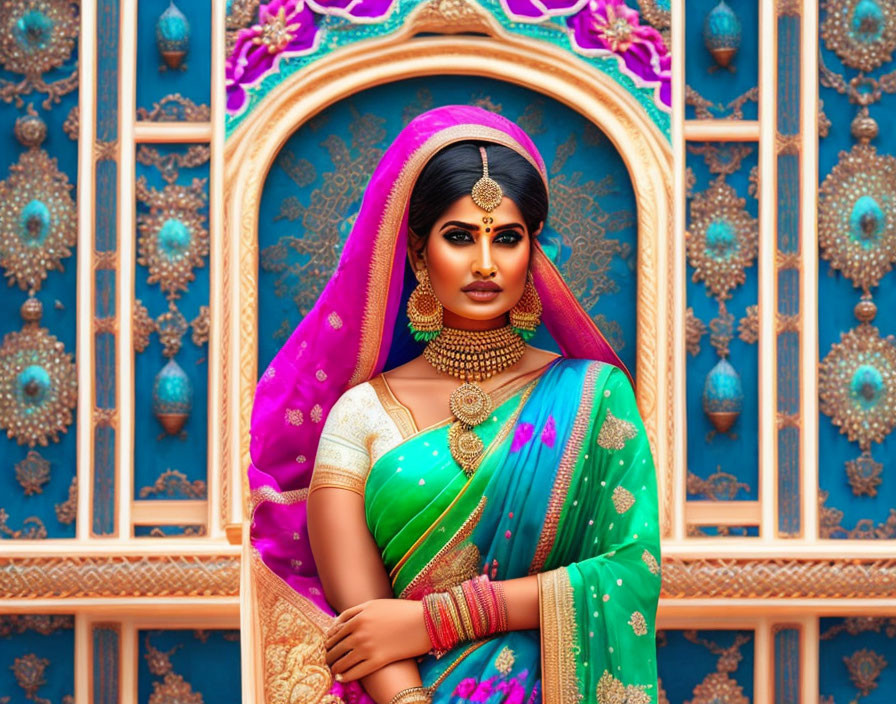 Traditional Indian Attire Woman with Vibrant Colors and Jewelry