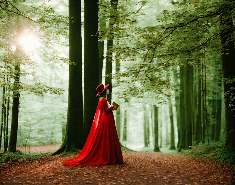 Person in red gown and hat standing in serene forest with sunlight filtering through trees