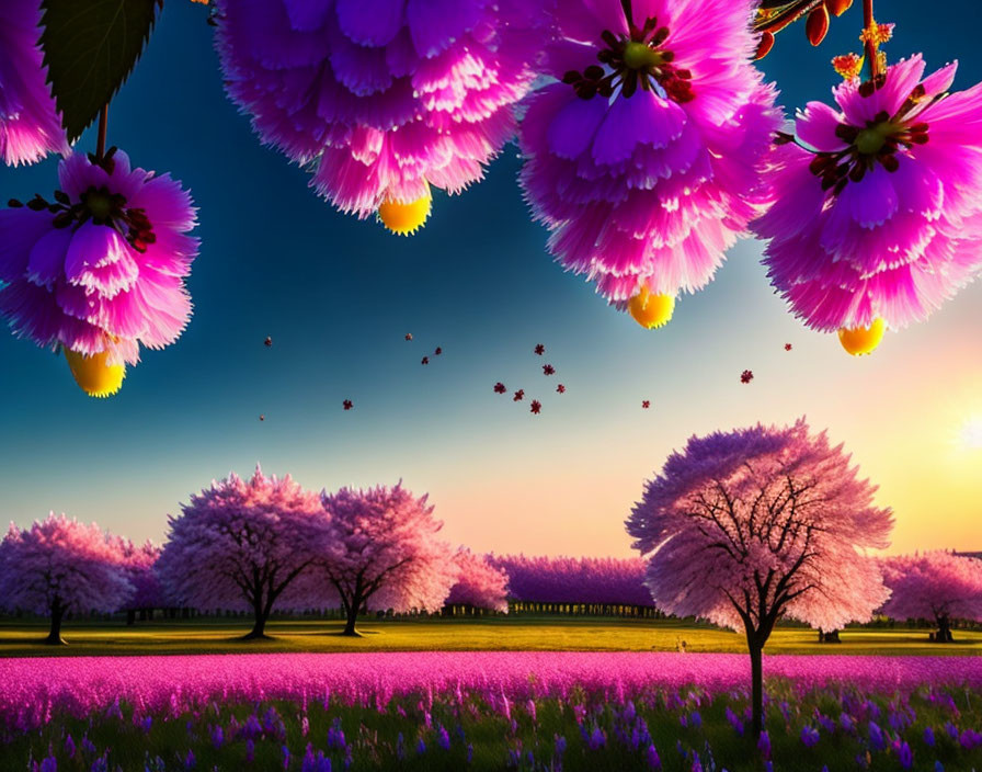 Pink cherry blossoms in full bloom with purple field and sunset sky