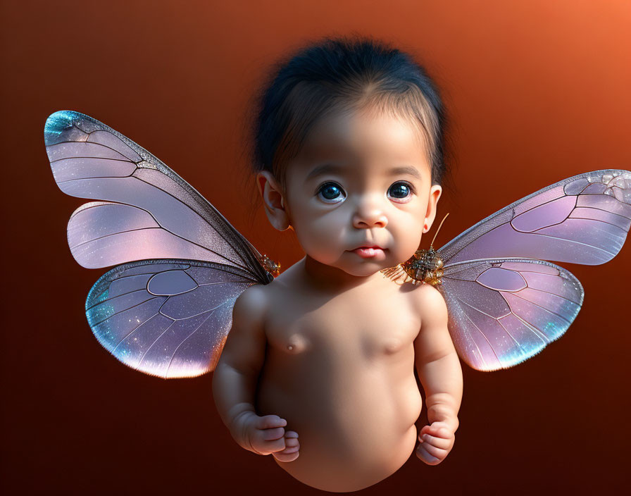 Baby with Large Translucent Butterfly Wings on Orange Background