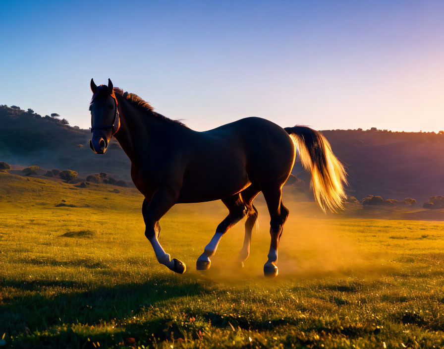 Majestic horse galloping in lush field at sunrise