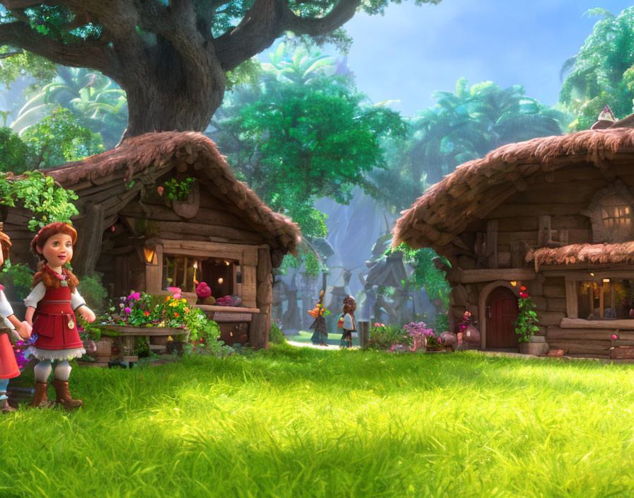 Colorful animated forest village with thatched-roof cottages and young girl.