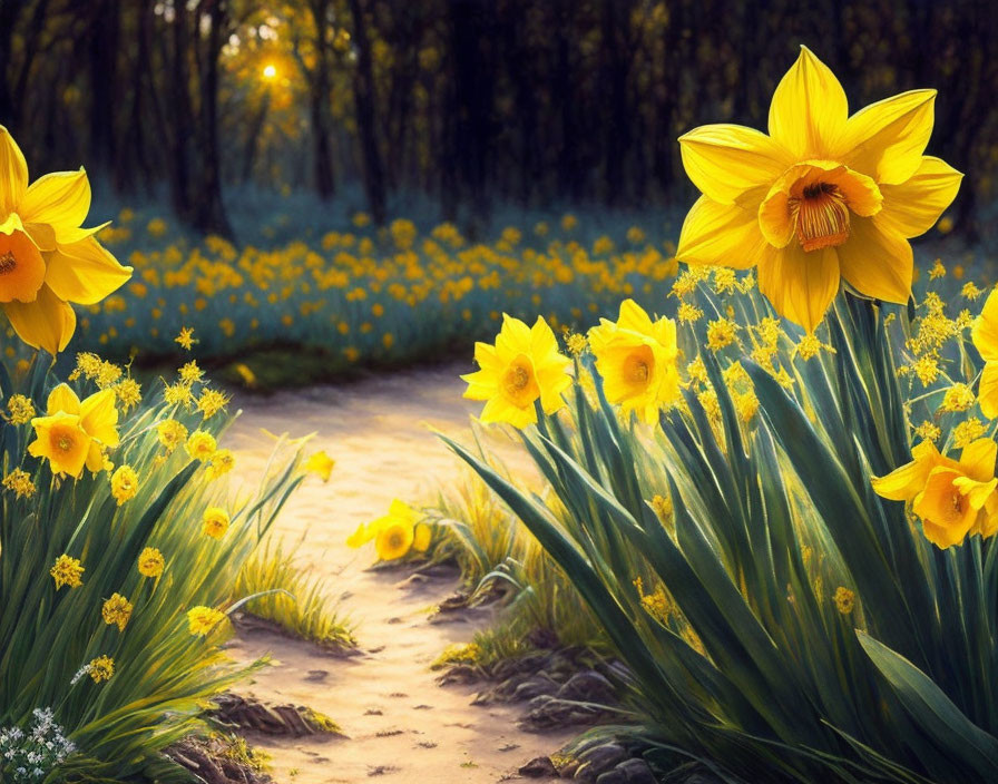 Tranquil Path with Yellow Daffodils in Sunlit Forest