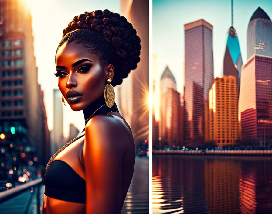 Elegant updo and bold makeup next to sunset cityscape reflected in water