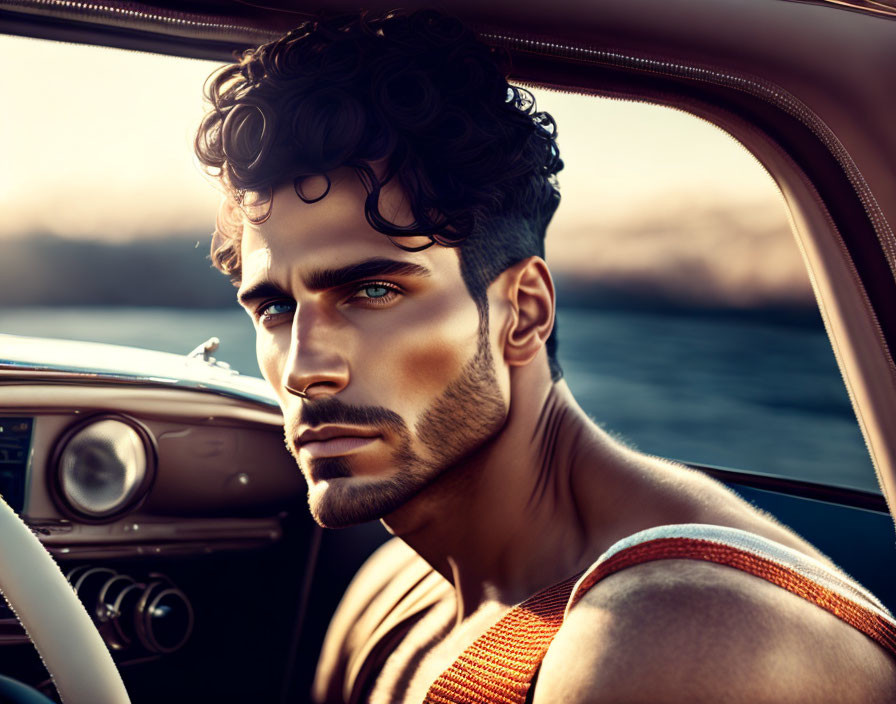 Curly Haired Man with Beard Contemplating in Car at Sunset